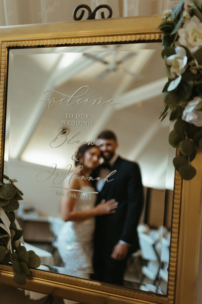 A shot of the bride and groom standing in a mirror