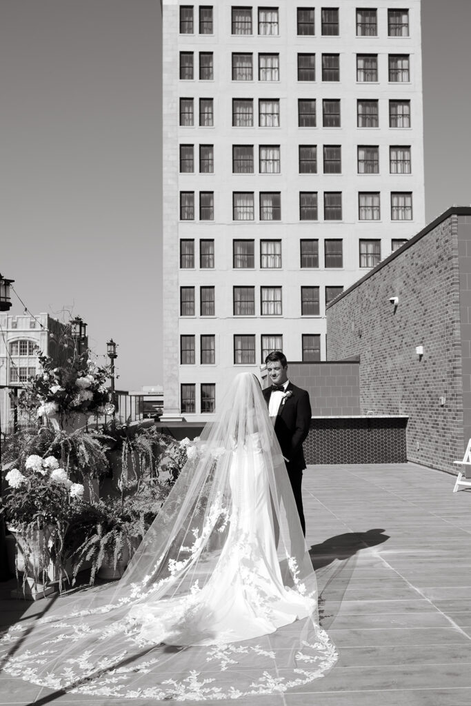 Bride and groom portraits on a Wichita rooftop wedding venue