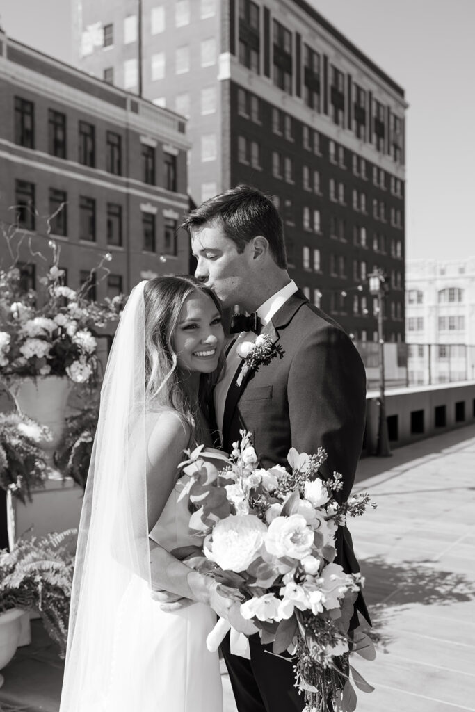 Bride and groom portraits on a Wichita rooftop wedding venue