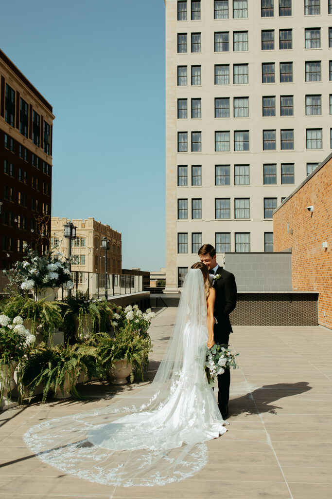 Bride and groom portraits on a Wichita rooftop wedding venue